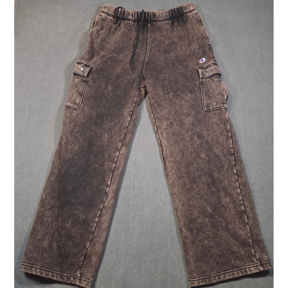 Champion Cargo Sweatpants Mens Medium Brown Acid Wash Fleece Joggers